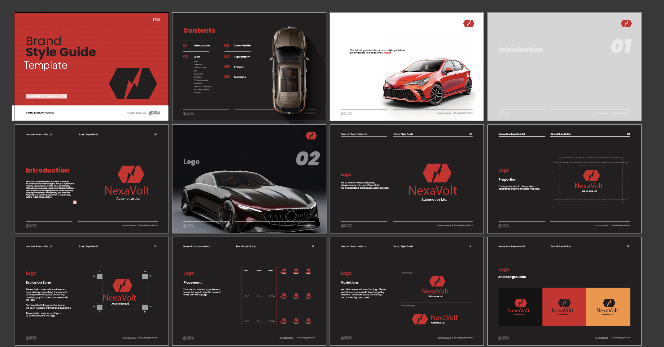 A collage of pages from the 'Nexavolt' brand style guide template, demonstrating a bold, high-contrast design with red and black visuals for logo placement and variations.