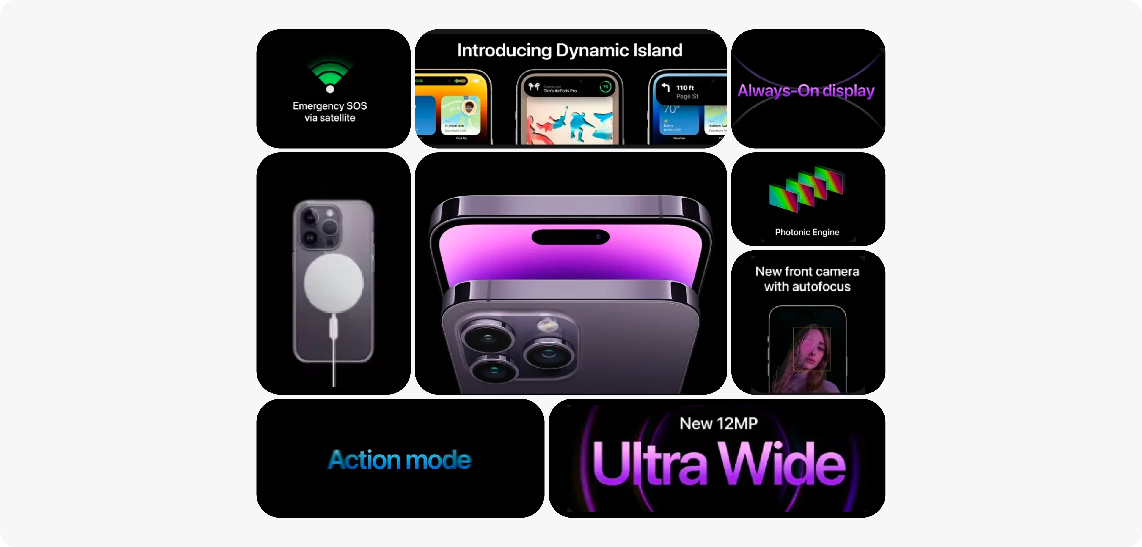 An Apple iPhone product page using a centered bento grid layout to showcase key features like the Dynamic Island, Action mode, and Ultra Wide camera.