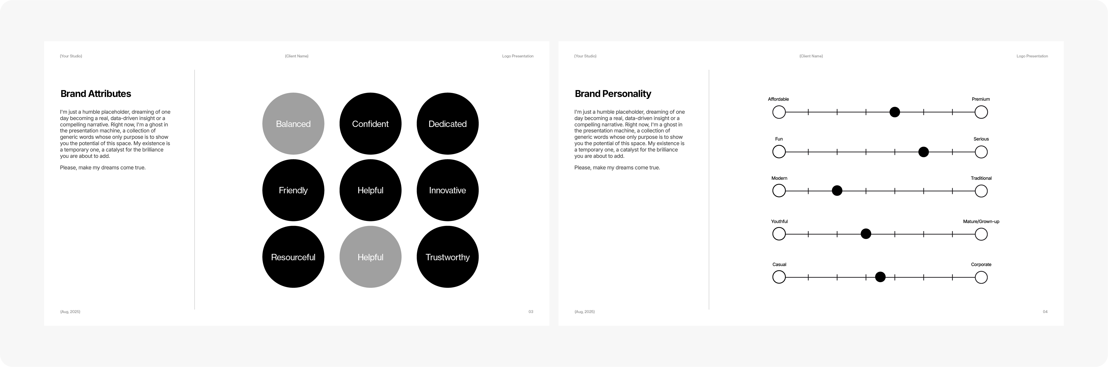 A collage of logo presentation slides showing how to define Brand Attributes with circles and Brand Personality on a spectrum.