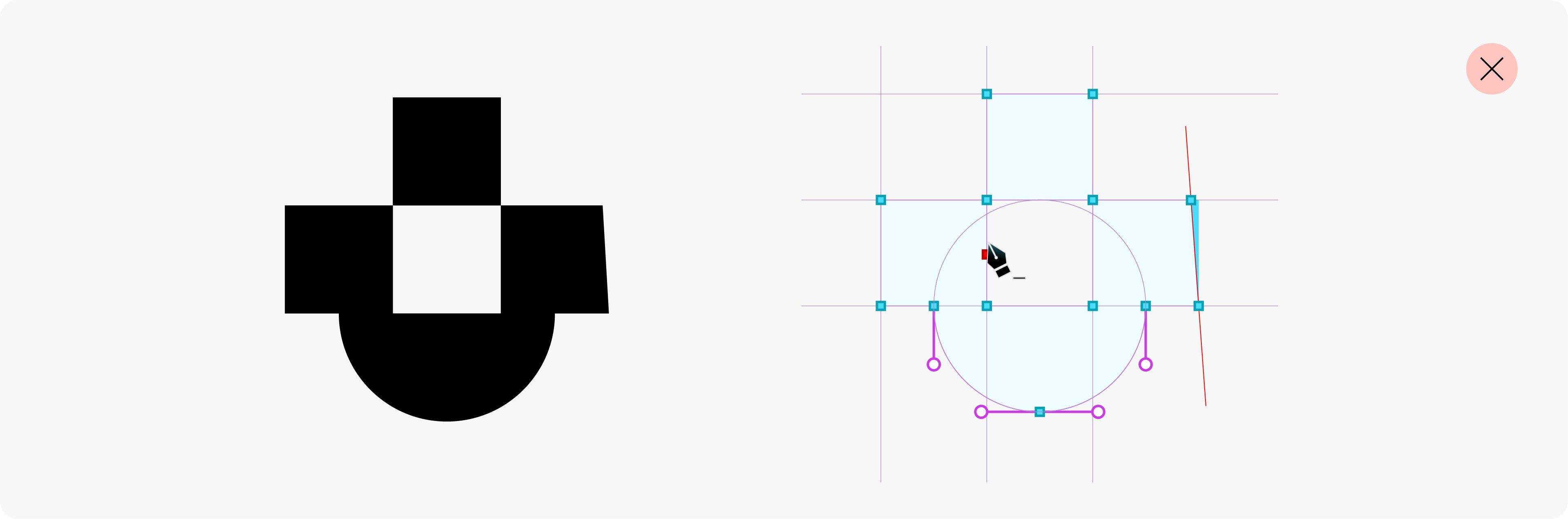 A 'Logo Grid' slide from a logo presentation, showing the detailed construction grid with anchor points and bezier handles used to refine the logo's vector shape.