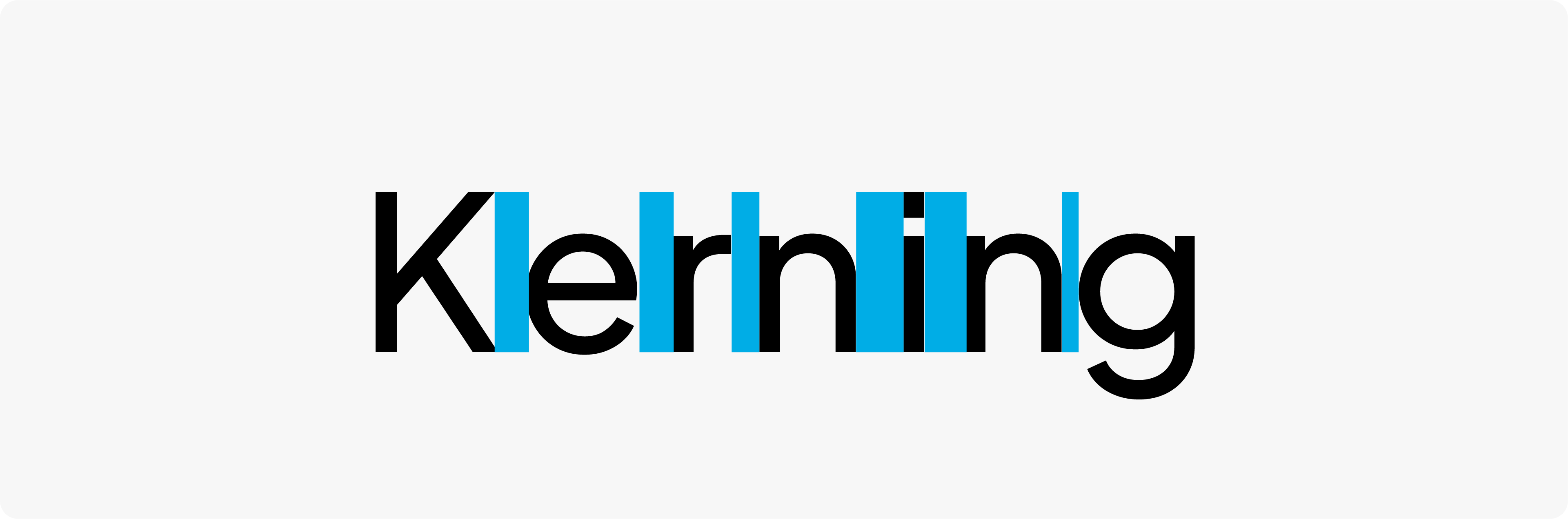 A diagram showing the word 'Kerning' with blue vertical bars illustrating the precise adjustment of space between individual letters for a professional logo.