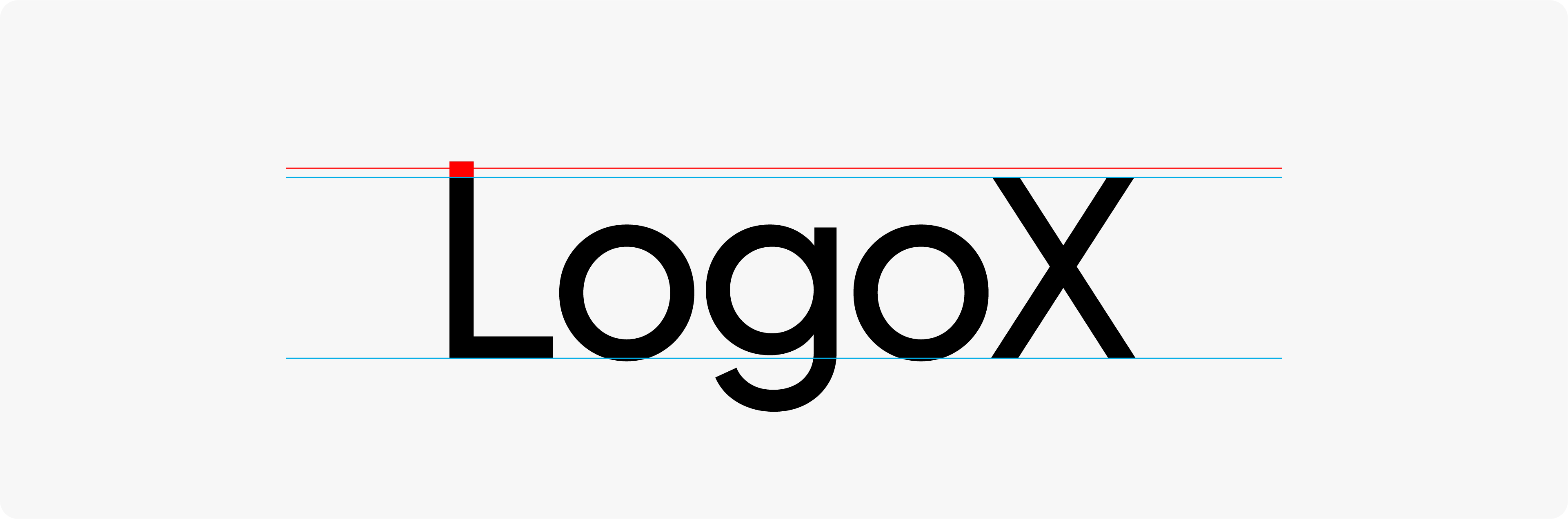 A typography example showing the 'LogoX' wordmark on a grid, with a red line to check for cap-height alignment mistakes in logo design