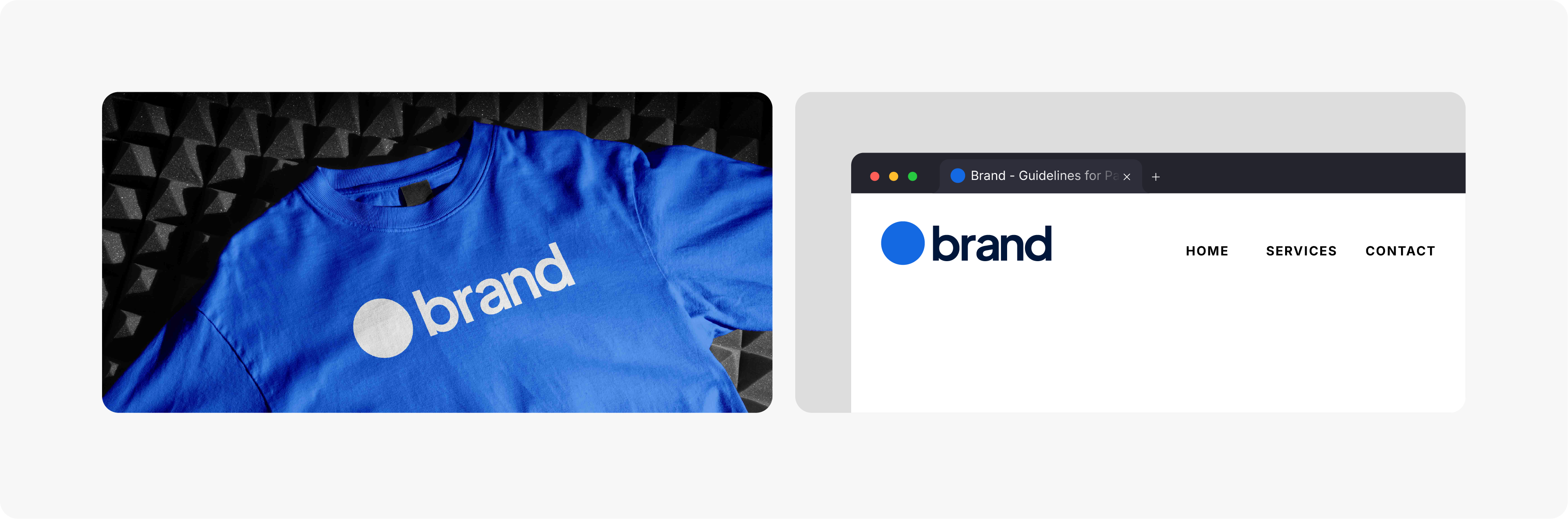 Logo application examples, showing the 'brand' logo mocked up on a blue t-shirt and on a website header to demonstrate real-world use.