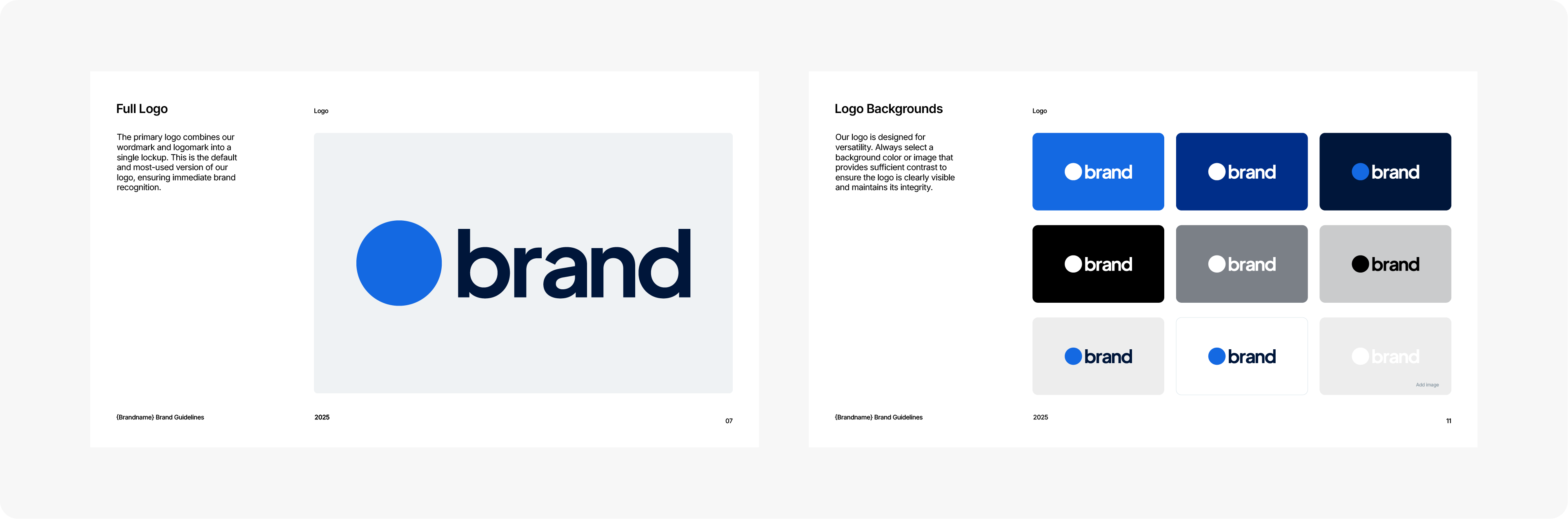 Two pages from a brand guideline, showing the primary 'brand' logo on the left and examples of its correct use on different colored backgrounds on the right.