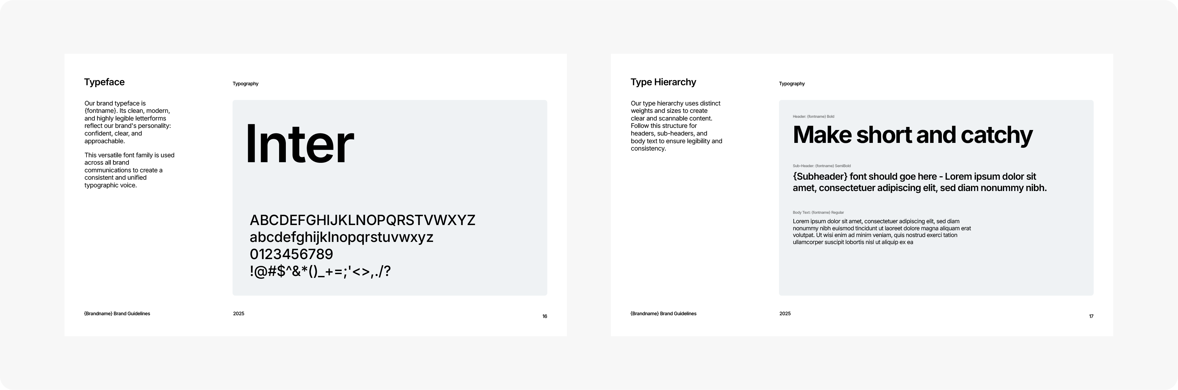 Two brand guideline pages for typography, displaying the 'Inter' typeface on the left and examples of type hierarchy for headlines and body text on the right.