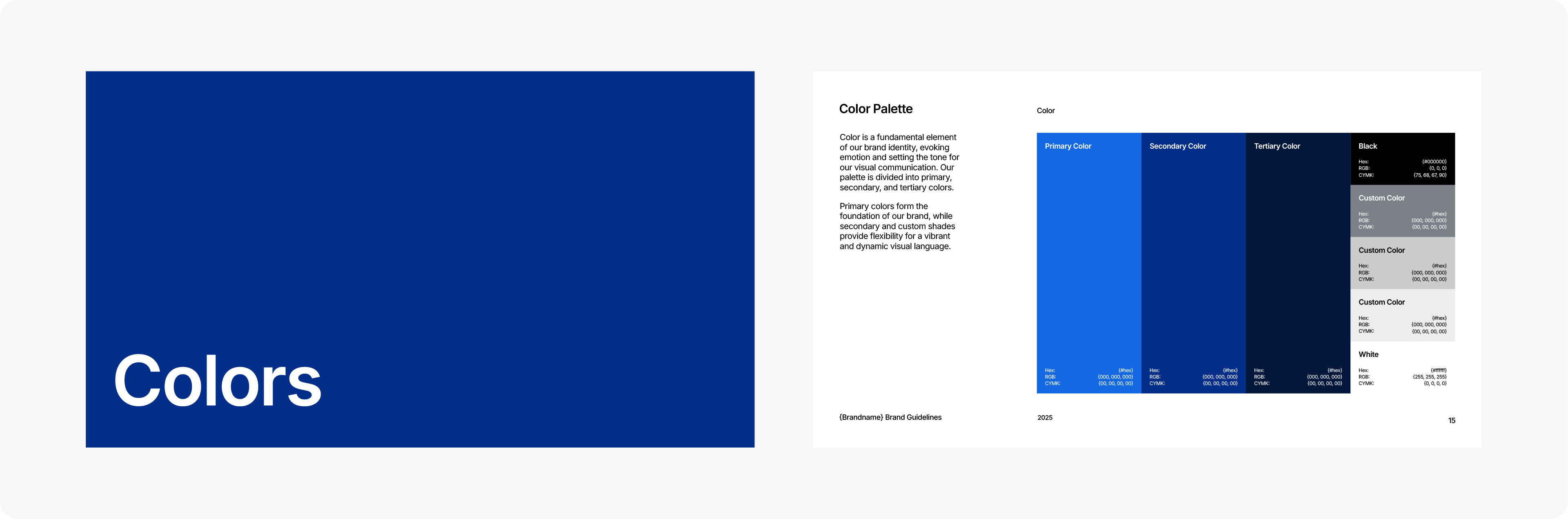 A brand guideline page detailing the brand's color palette, including primary, secondary, and tertiary blue colors with their HEX, RGB, and CMYK codes.