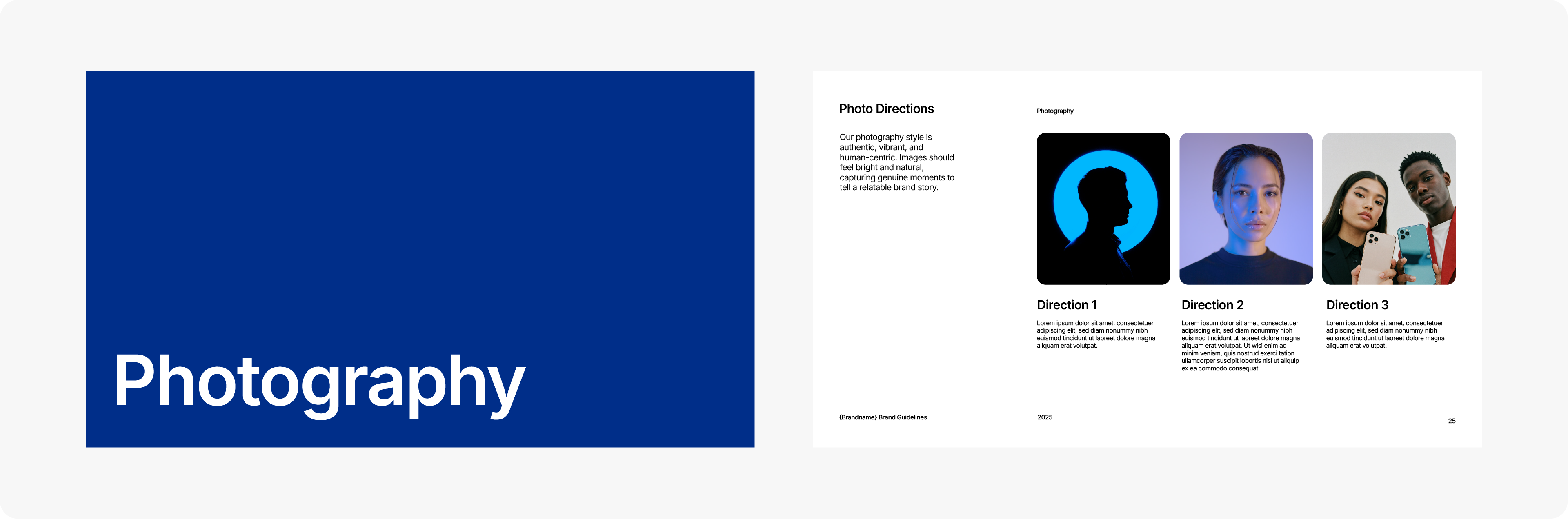 A brand guideline page for photography, showing three example images that define the brand's visual style with cool, blue-toned lighting and modern subjects.