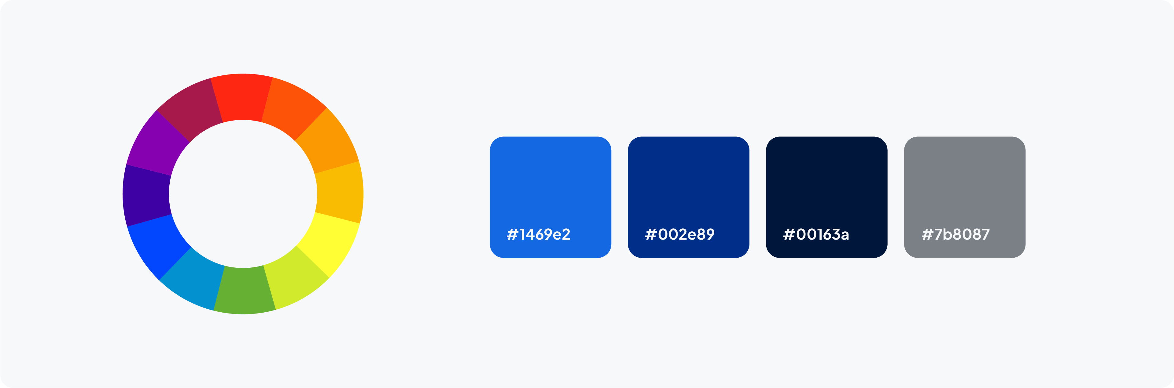 The brand's color palette, featuring a color wheel and four main color swatches in shades of blue and grey with their hex codes.