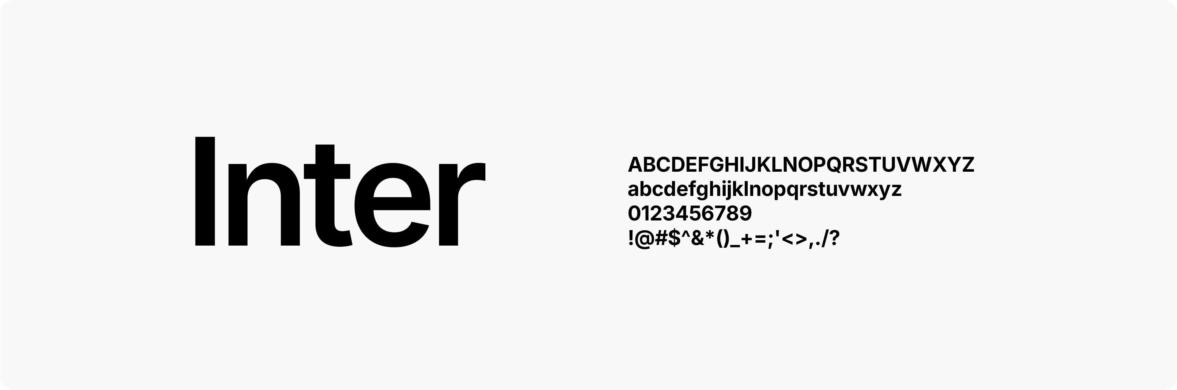 A brand's typography, showing the 'Inter' typeface and its full character set of letters, numbers, and symbols as part of its brand identity.
