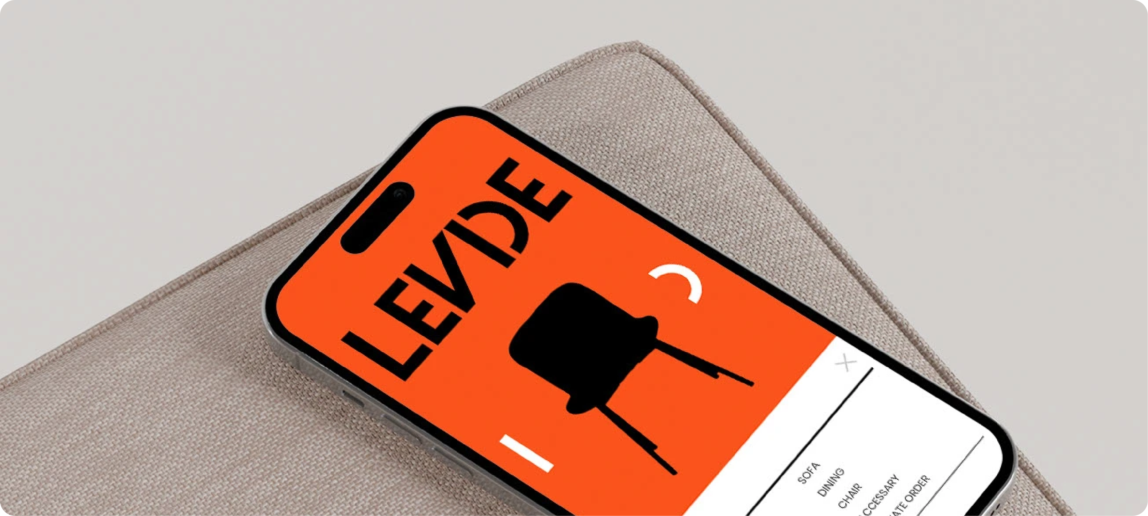 The LEVIDE logo displayed on an iPhone screen, showing bold, custom typography against a vibrant orange background in a logo presentation.
