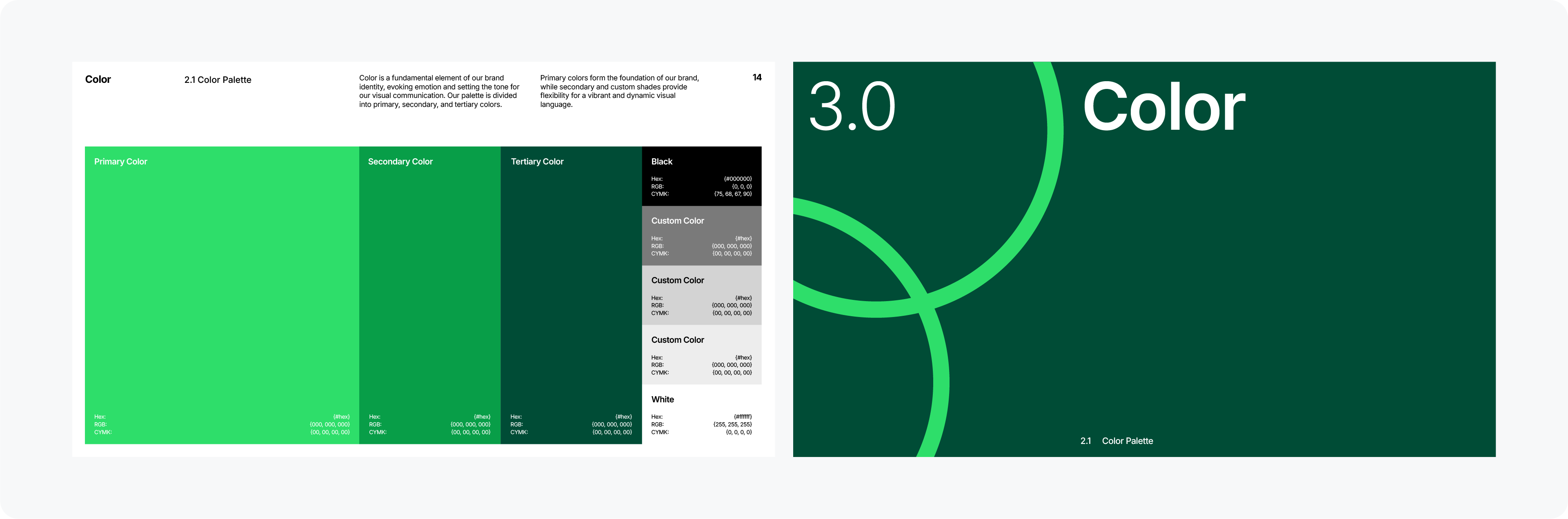 The "Color" section of a brand guideline, detailing the brand's primary, secondary, and tertiary color palette with color codes.