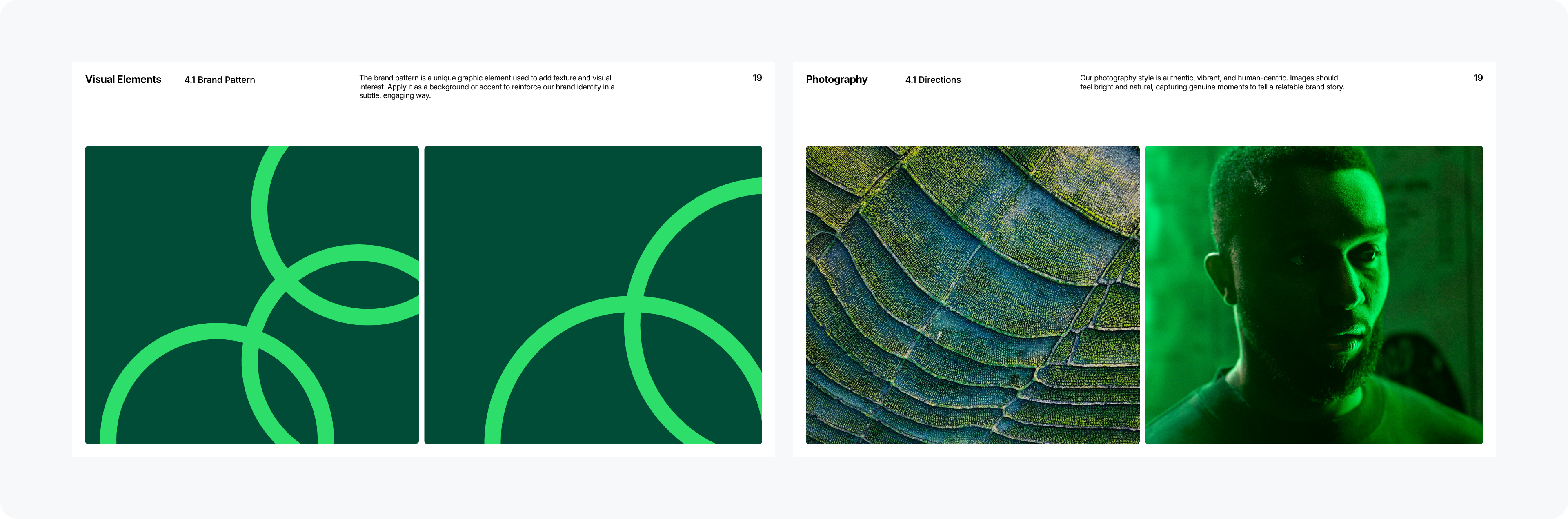 Brand guideline pages for "Visual Elements" and "Photography," showing brand patterns and the approved style for brand imagery.