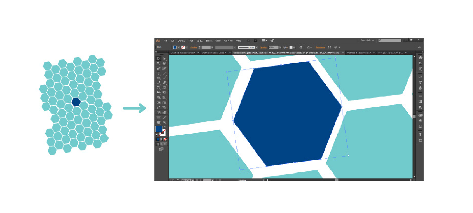 A diagram showing how the Zoom and Center Selection script focuses the view on a selected hexagon in Illustrator.