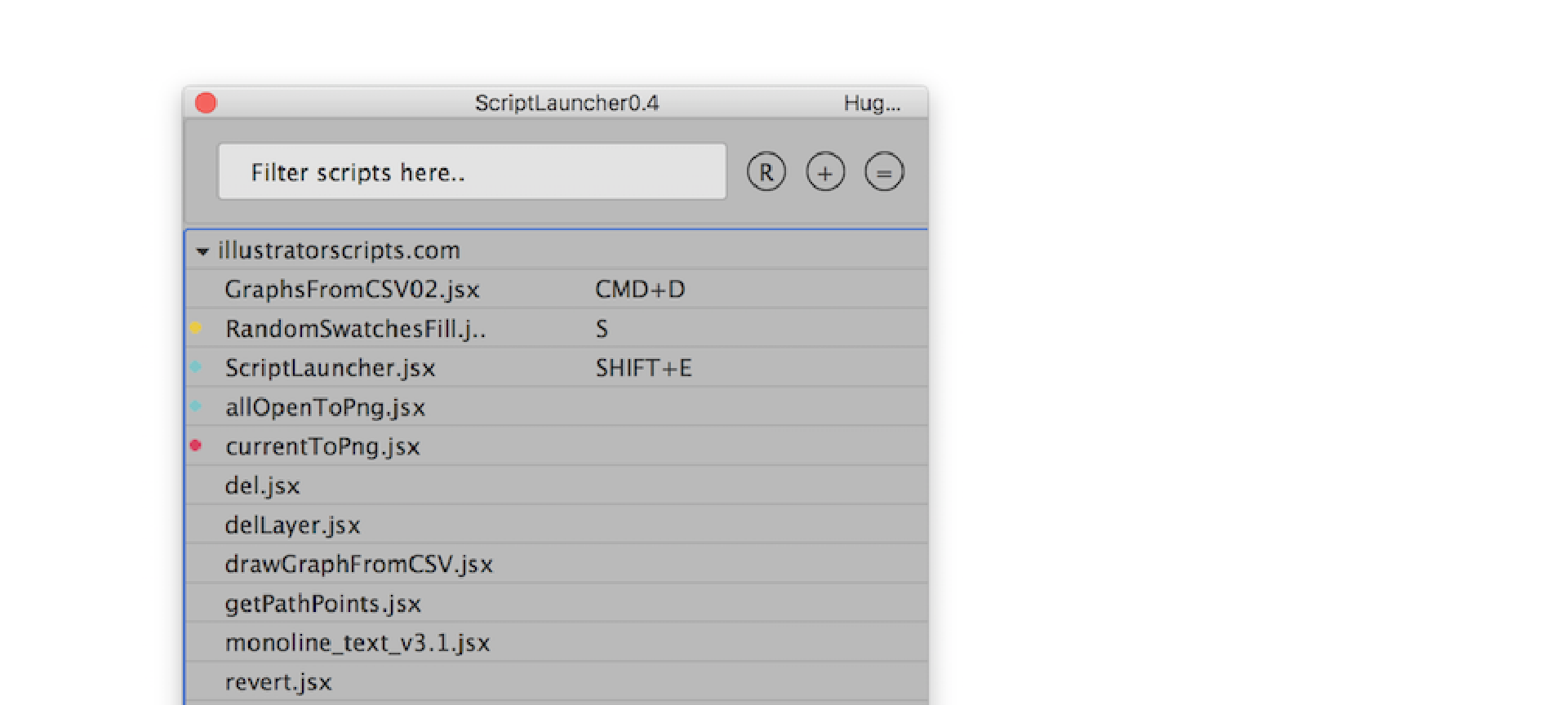 The ScriptLauncher panel in Adobe Illustrator, showing a list of scripts ready to be run.