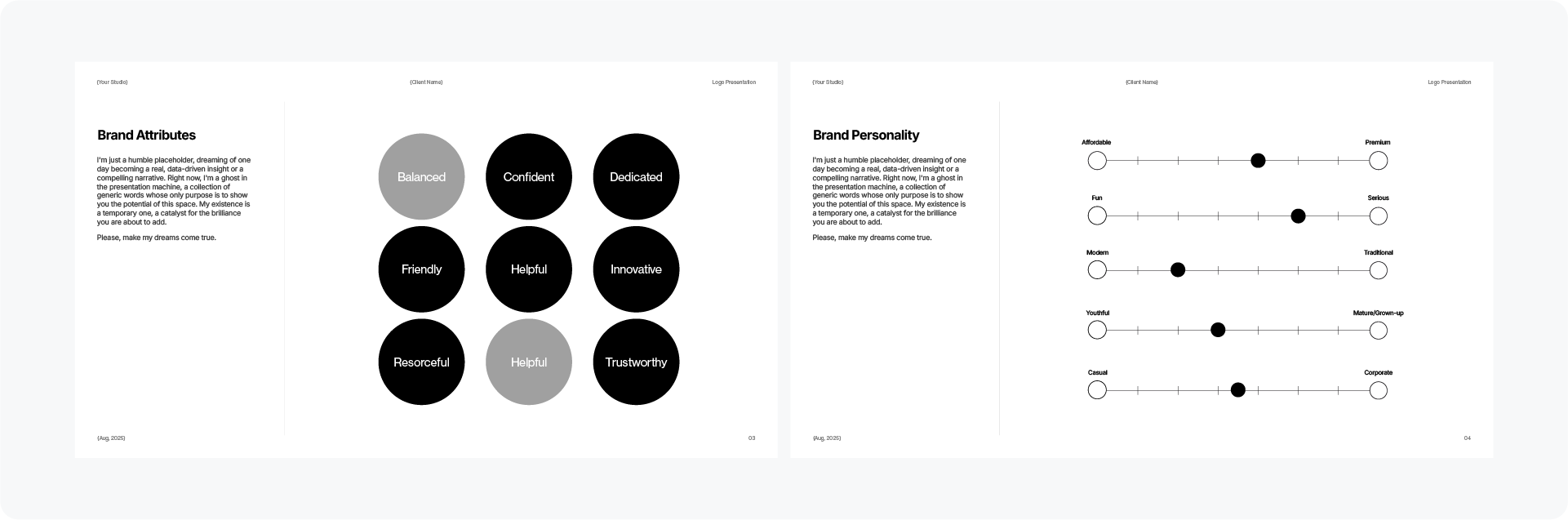 Brand attributes and personality sliders shown on slides from a professional logo presentation document.