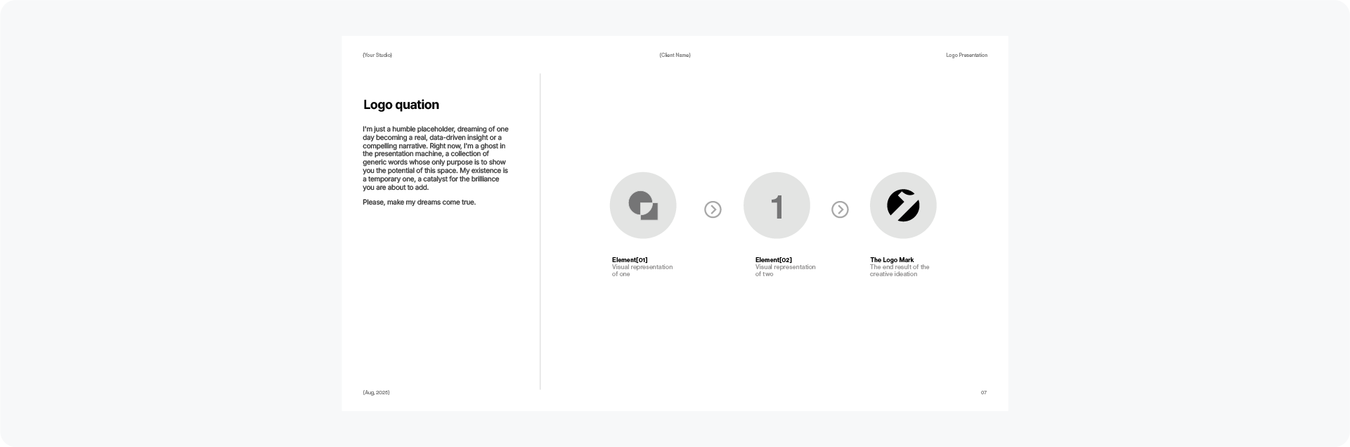 A slide explaining the creative rationale with a logo equation and showing the exploration of different logo directions.