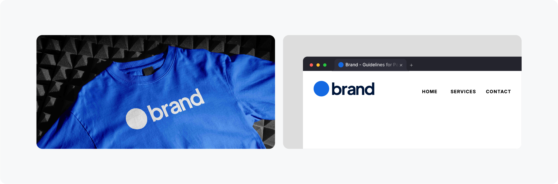Examples of logo application mockups, showing a brand logo on a T-shirt and a website homepage.