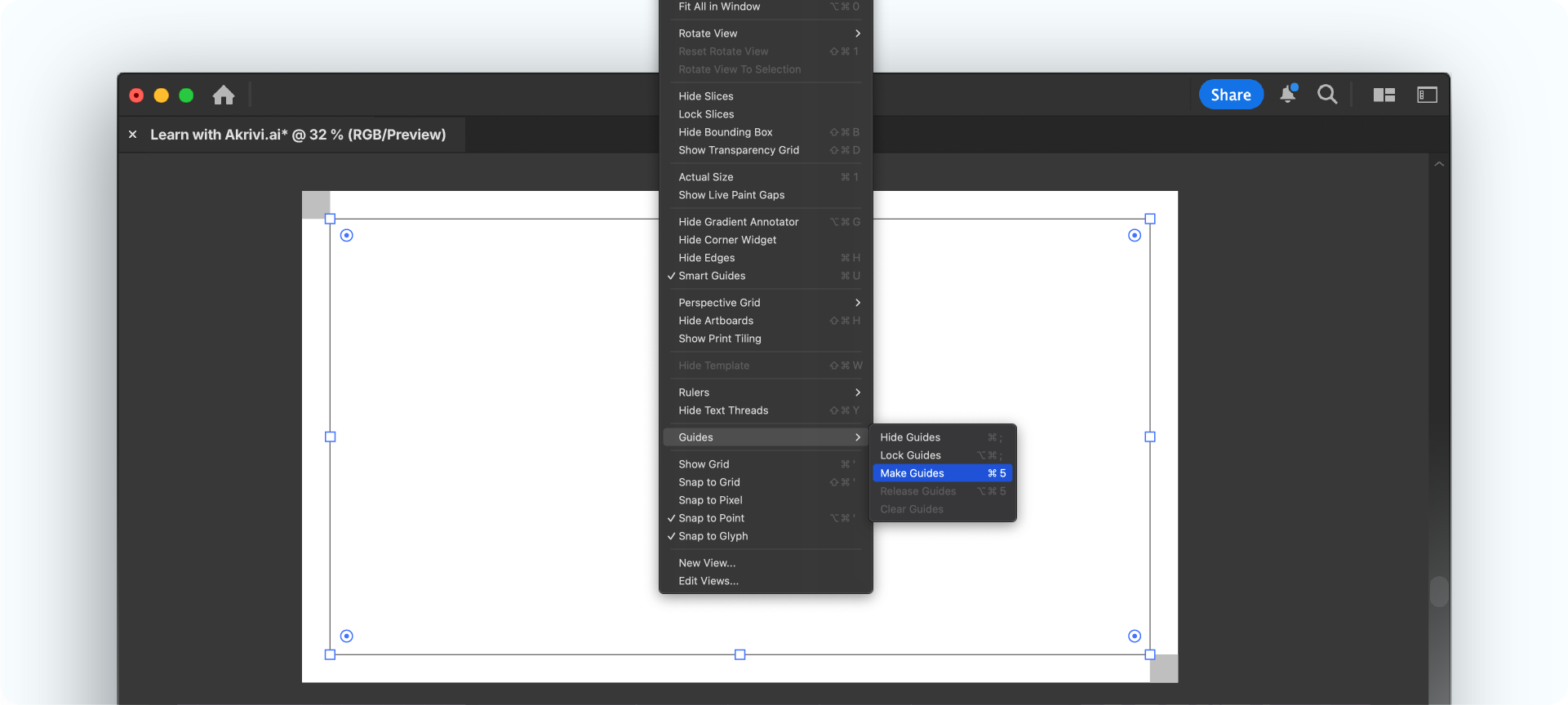 Creating a master margin in Adobe Illustrator by converting a rectangle into guides using the 'Make Guides' command.