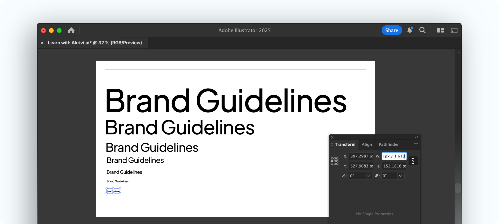 Creating a typographic scale in Adobe Illustrator using the Golden Ratio to define header, subheader, and body text sizes.