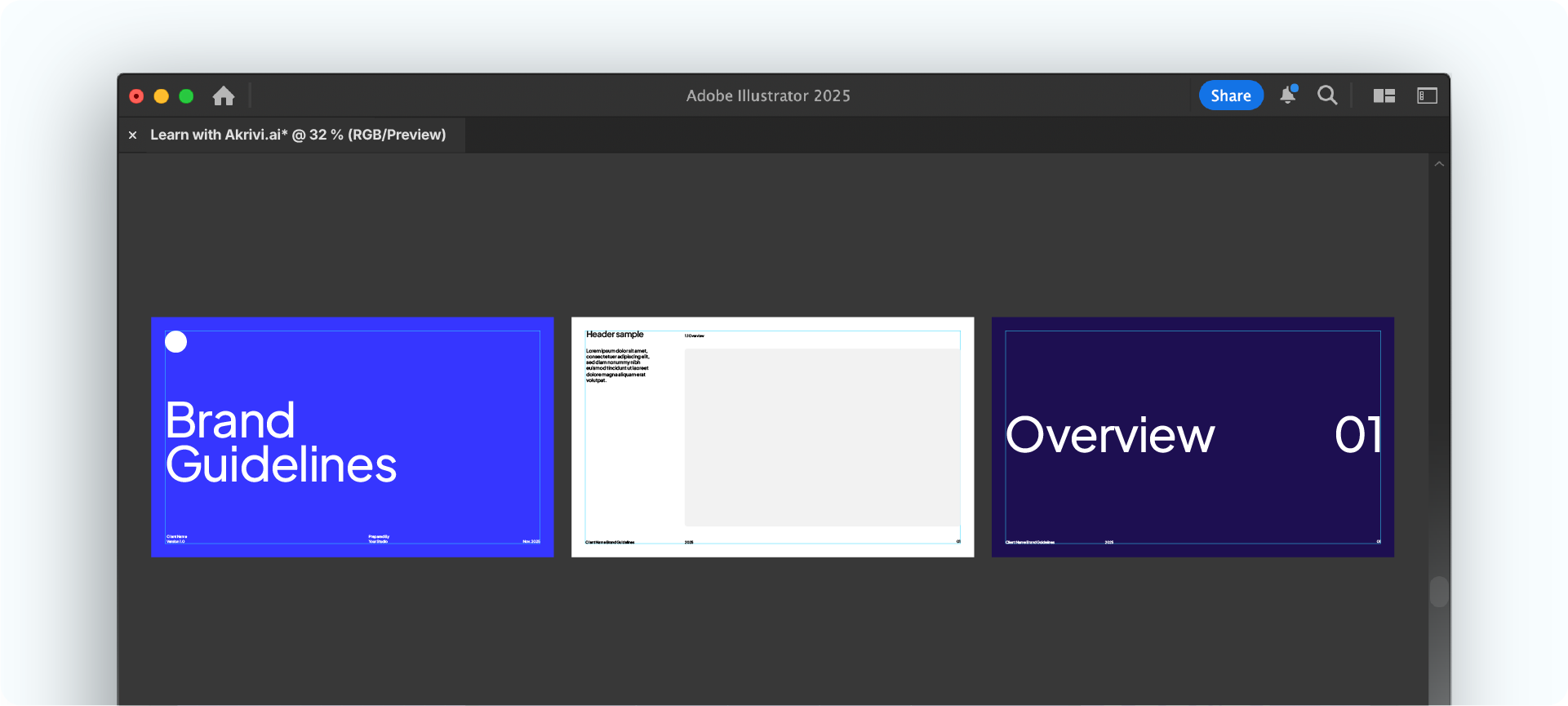 The three 'parent page' layouts for a brand guideline template in Adobe Illustrator: cover, content, and section pages.