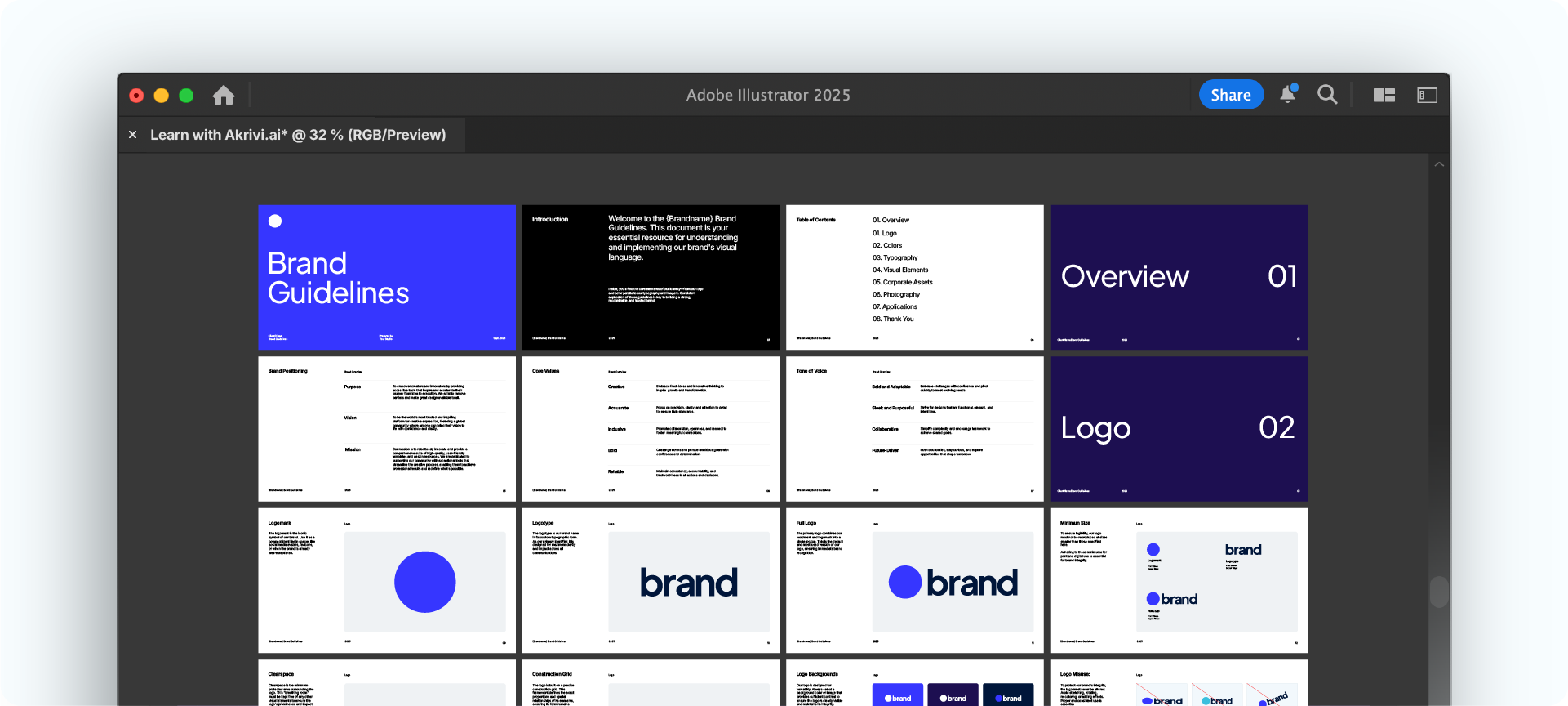 A complete brand guideline document with multiple pages shown in the artboard view of Adobe Illustrator.