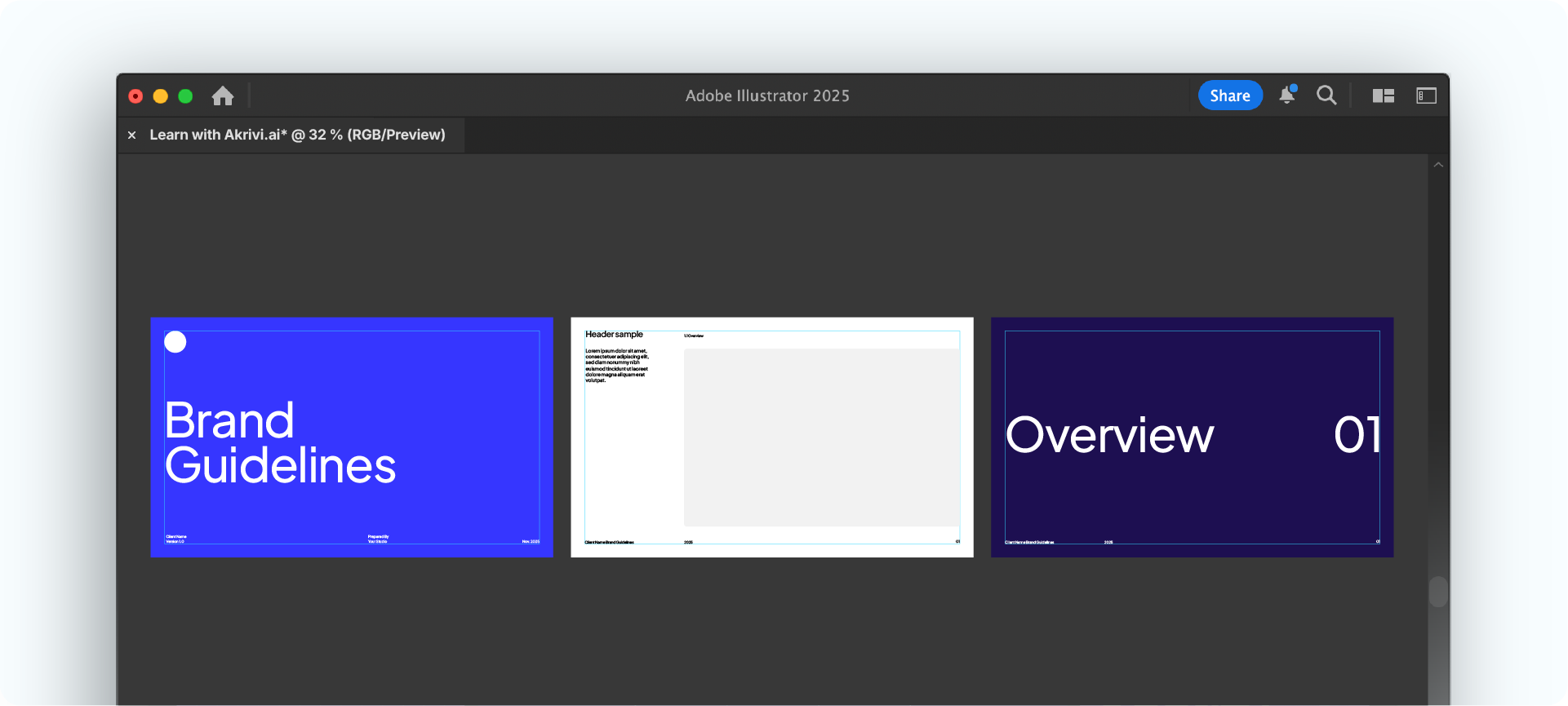Three parent page artboards in Adobe Illustrator for a brand guideline: a cover page, a content page, and a section page.