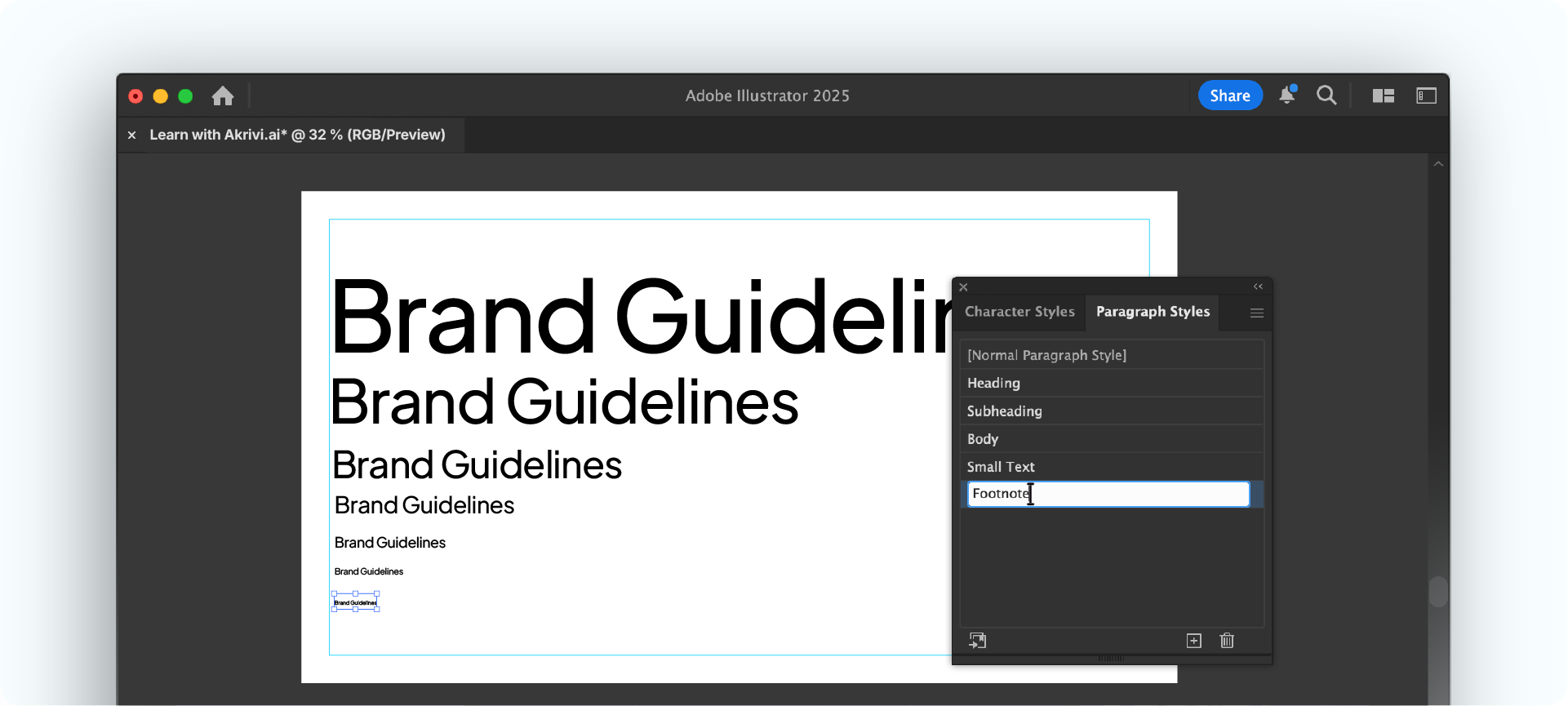 Creating Paragraph Styles in Adobe Illustrator to save a typographic scale for headers, subheadings, and body text.
