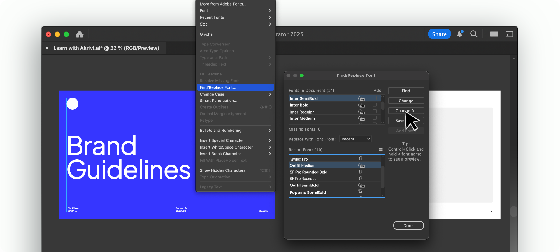 Using the Find/Replace Font panel in Adobe Illustrator to quickly swap fonts across an entire document.