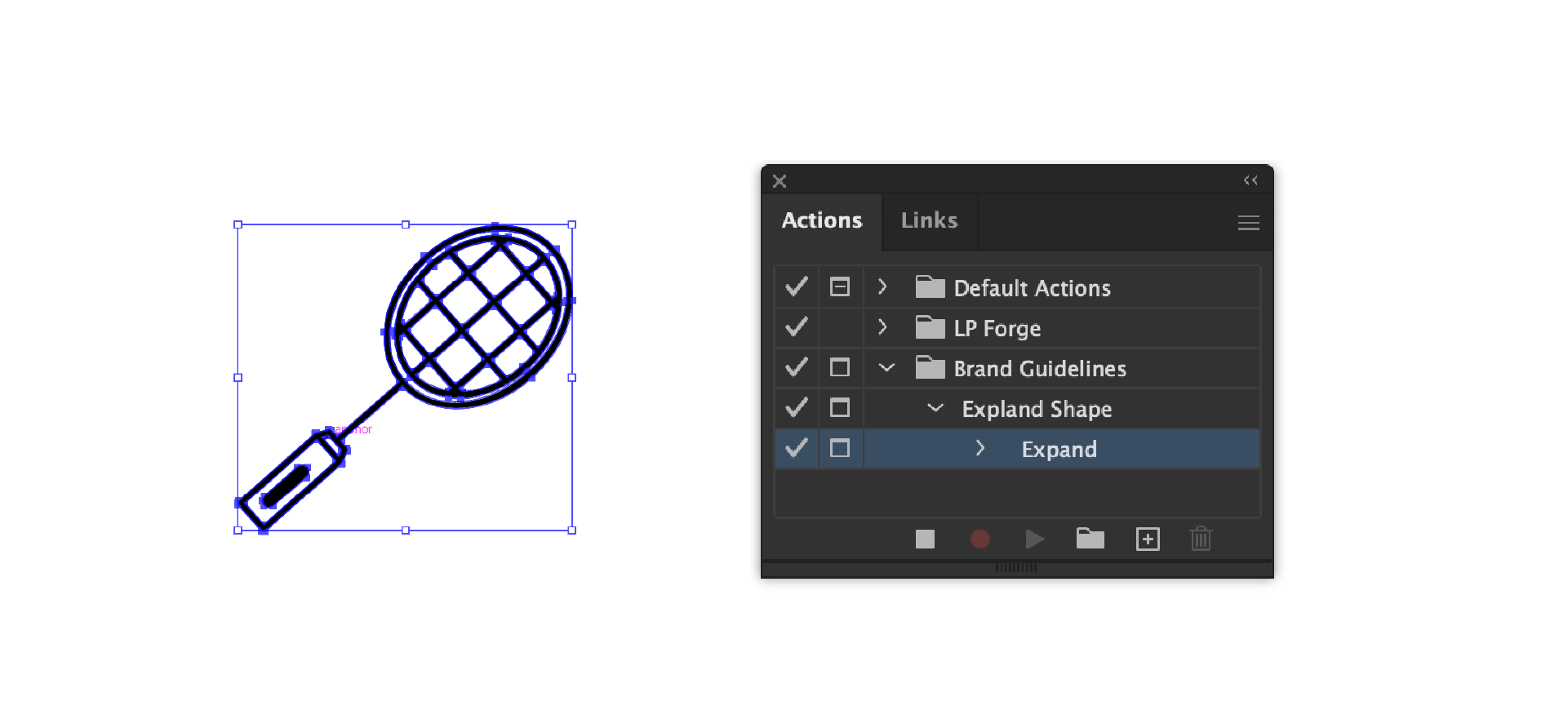 The Actions panel in Adobe Illustrator showing a custom 'Expand' action being created to automate a repetitive task.