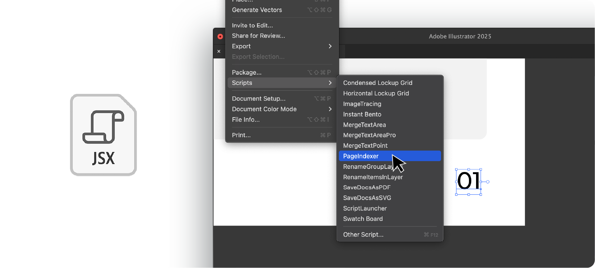 An Illustrator menu showing a list of scripts, with a JSX file icon on the left to represent automation.