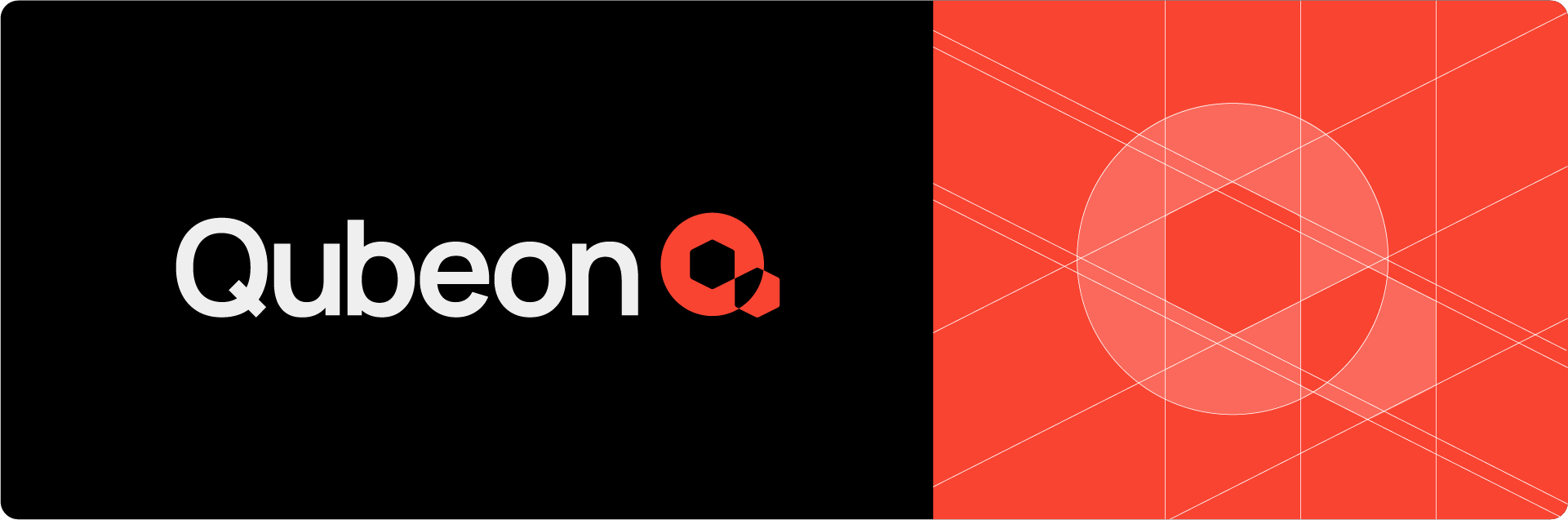 The final Qubeon logo shown next to a close-up of its construction grid.
