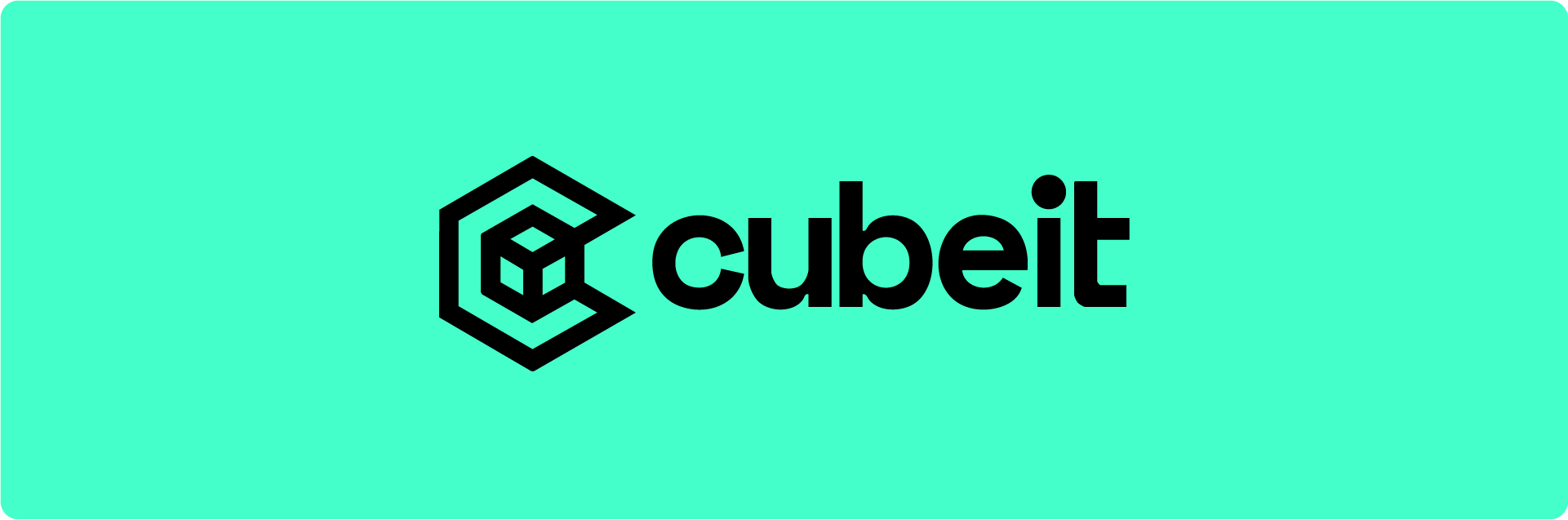 The final black 'cubeit' logo shown on a bright teal background.