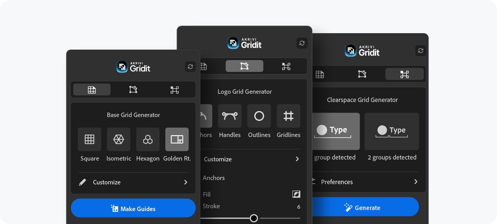 The Clearspace Grid Generator panel showing options to define the exclusion zone type based on the selected logo groups.