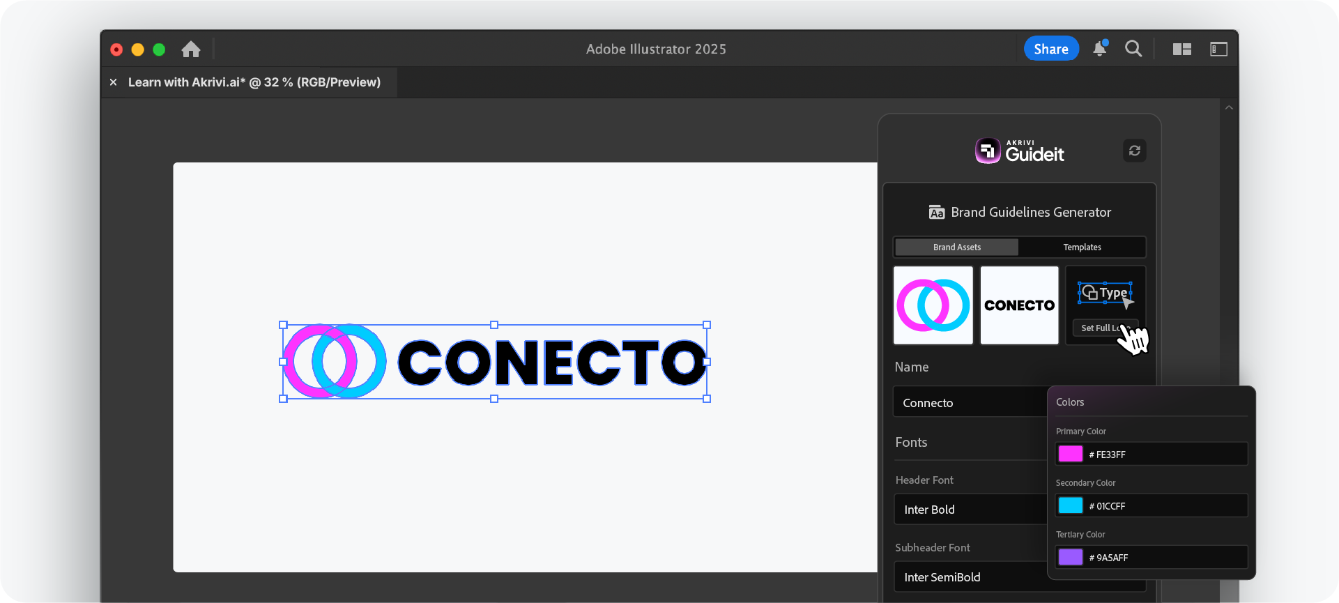 Selecting the full logo and defining brand colors using the Akrivi Guideit Adobe Illustrator plugin.