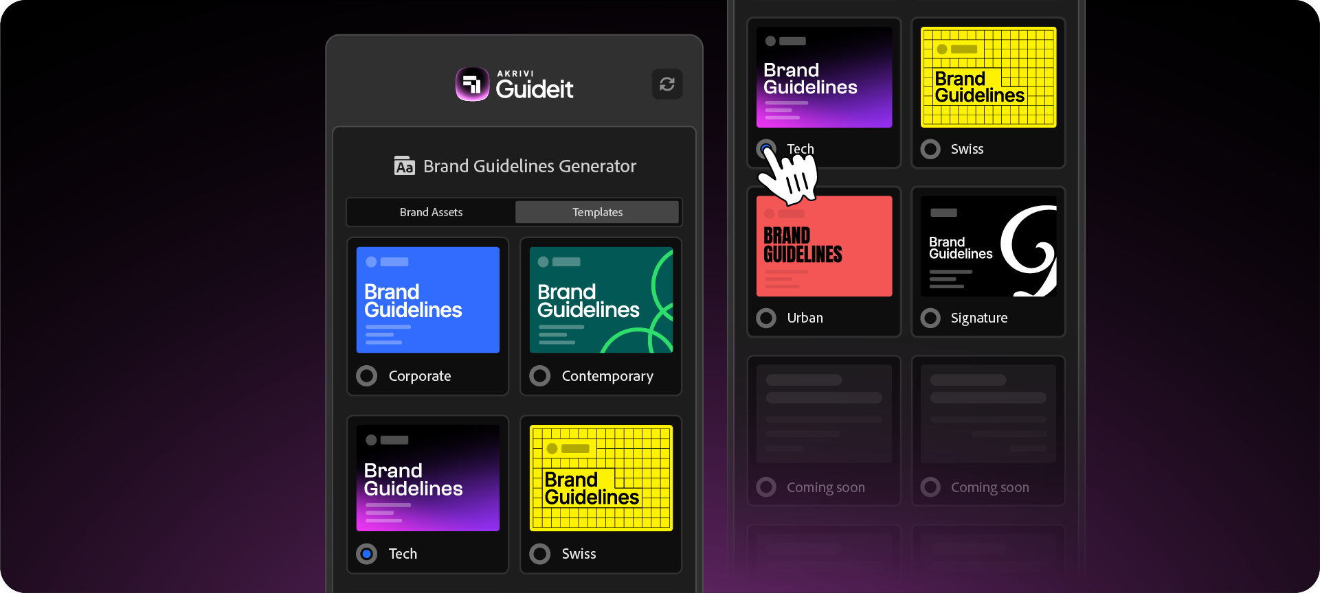 Choosing the Tech style template from the Brand Guidelines Generator in the Akrivi Guideit plugin.