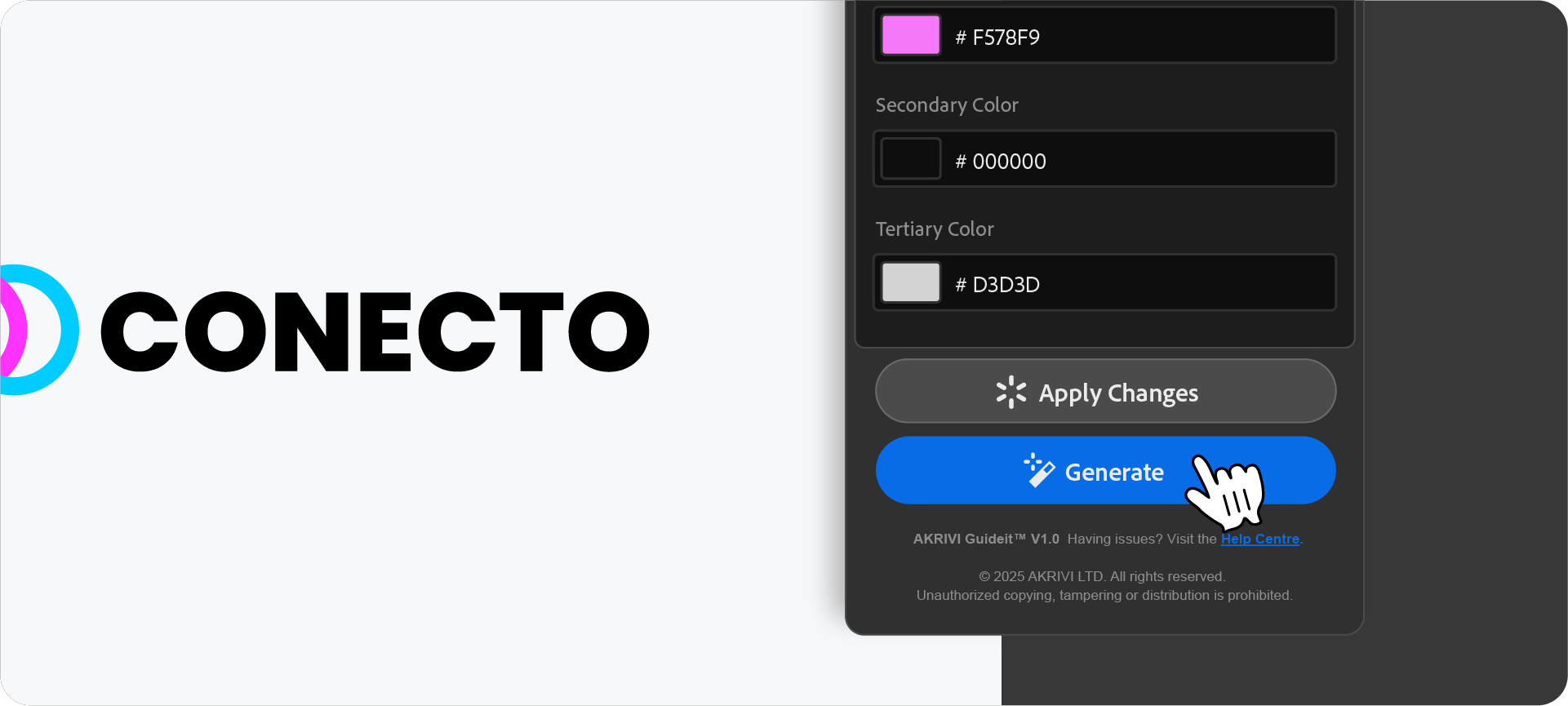 Clicking the Generate button in the Akrivi Guideit plugin to create the brand guidelines document.