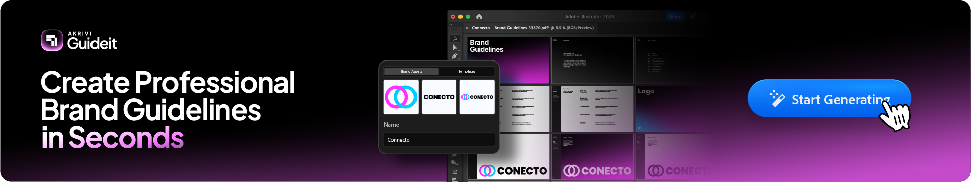 A banner for Akrivi Guideit featuring the plugin interface and a 'Start Generating' button