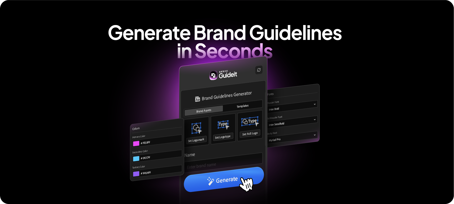Clicking the blue 'Generate' button in the Akrivi Guideit panel to instantly build the brand guidelines.