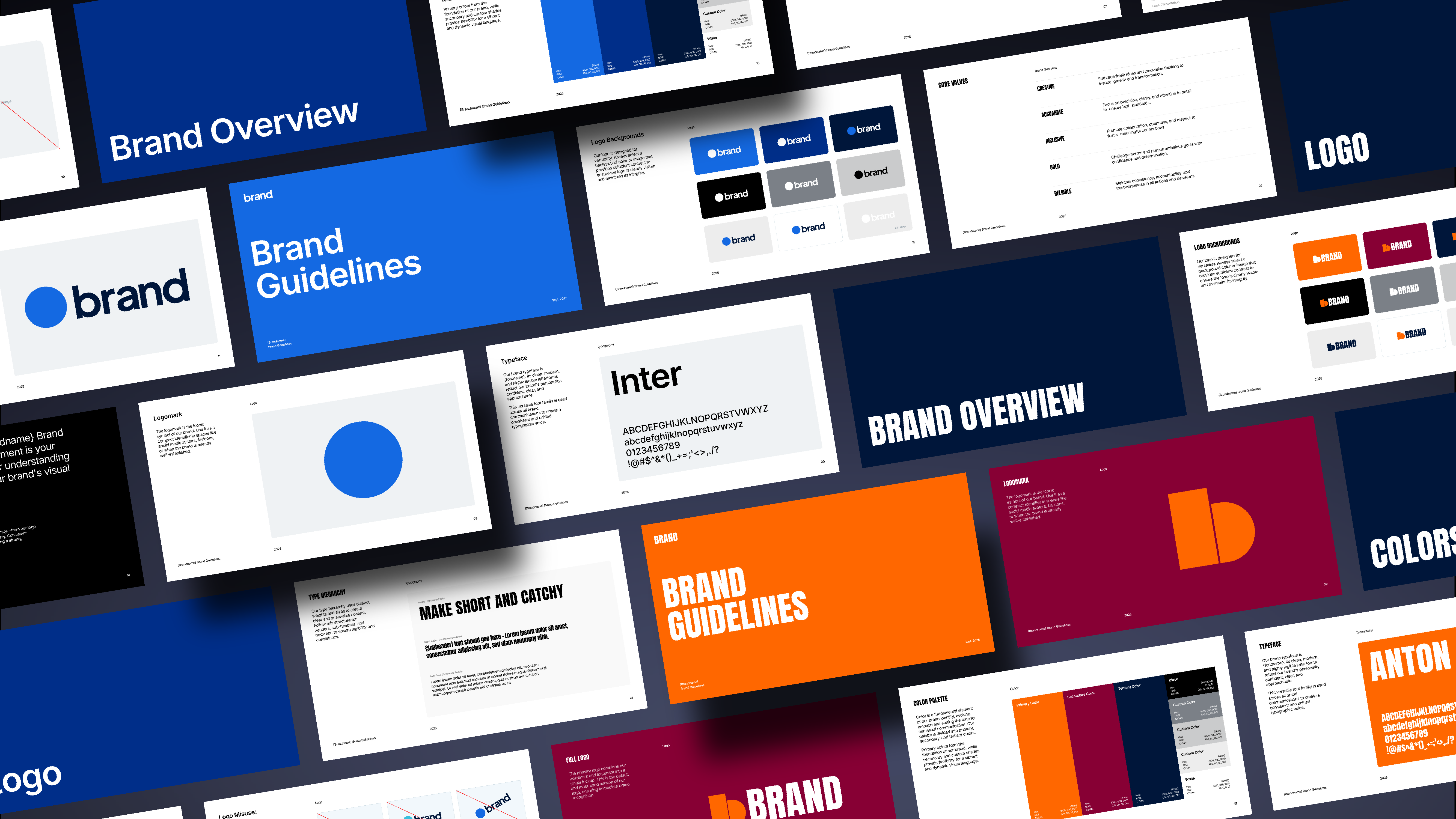 A professional brand guidelines document layout displaying multiple pages including logo, color, and typography sections.