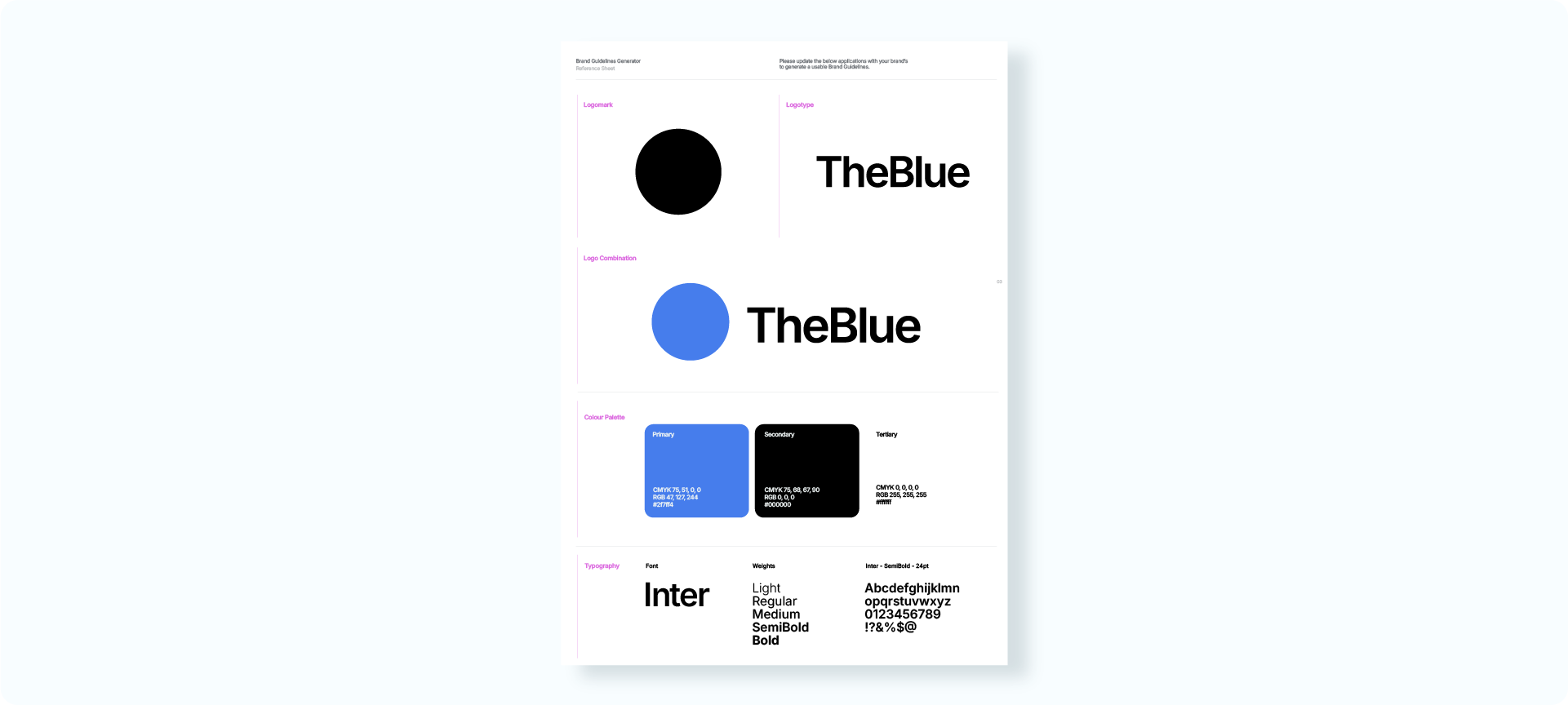  brand guidelines reference sheet for 'TheBlue' showing logo variations and color values.