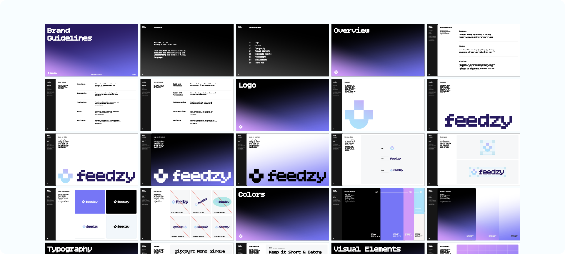 A complete multi-page brand guideline document for a brand called 'Feedzy' generated inside Adobe Illustrator 2025 using the Akrivi Guideit plugin.
