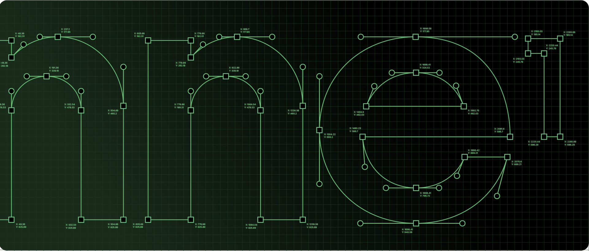 A detailed construction grid for the 'runne1' logo, showcasing green circles and tangent lines used for geometric refinement.