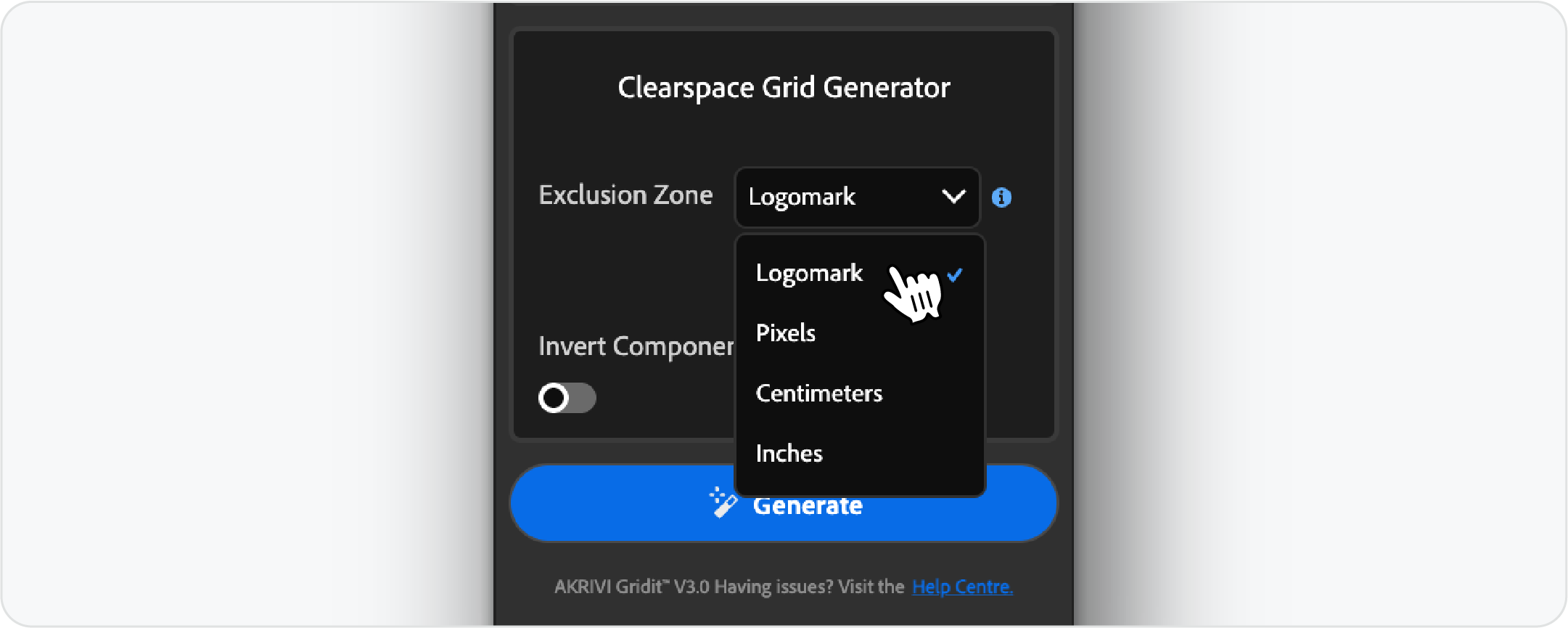 The Exclusion Zone dropdown menu in the Akrivi Gridit panel, showing the user selecting 'Logomark' to set a relative safe zone size