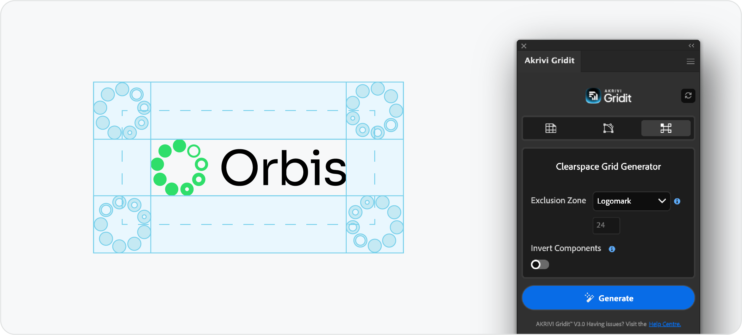 A professional clearspace grid generated around the 'Orbis' logo lockup, showing the icon used as the measurement unit in the corners and dashed boundary lines.