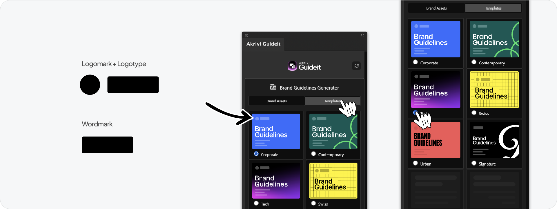 A diagram showing how to match logo types to Guideit templates, with arrows pointing from a standard 'Logomark + Logotype' structure to the Corporate and Tech template options.