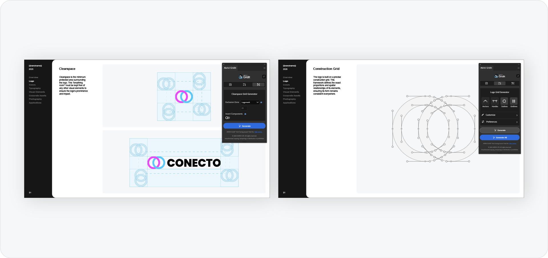 Side-by-side view of the Clearspace and Construction Grid pages in a template, showing the Akrivi Gridit panel open and ready to generate technical grids on the placeholders.