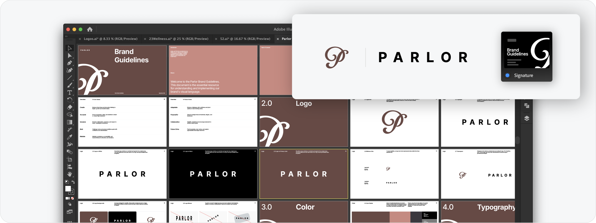 An Adobe Illustrator workspace showing a brand guidelines document generated using the 'Signature' template, specifically designed for a wordmark-based brand called Parlor.