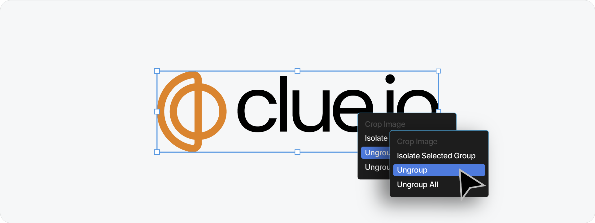 An Adobe Illustrator context menu appearing over a selected logo, with the cursor clicking the 'Ungroup' option to release the logo from its container.