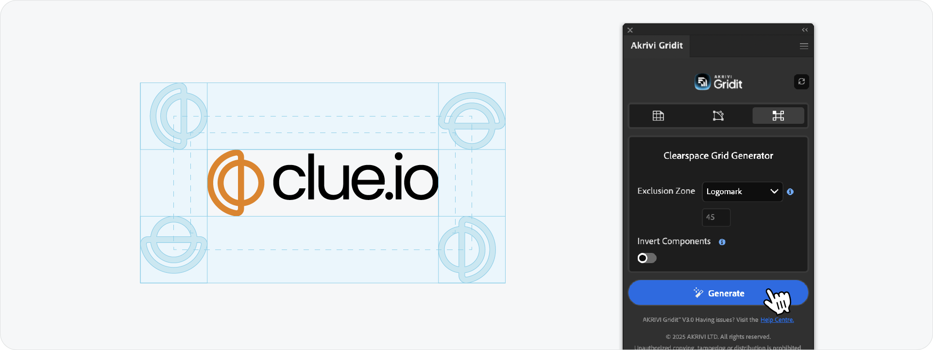 A close-up of the Akrivi Gridit panel showing the user selecting the 'Clearspace Grid Generator' tab, with the cursor hovering over the Generate icon.