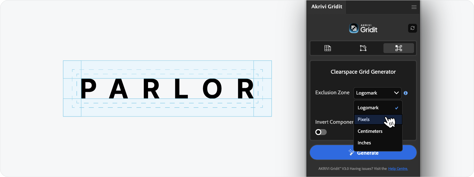 The Clearspace Grid Generator settings in Gridit, showing the 'Exclusion Zone' dropdown menu with 'Pixels' selected instead of 'Logomark' for measurement.